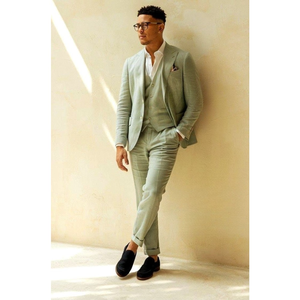 Men Formal Wear Green - Sage Green Linen Wedding Suits 3