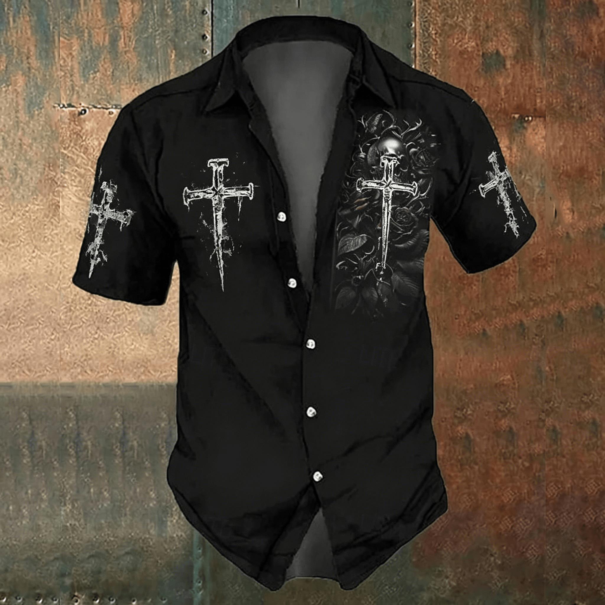Men'S Gothic Formal Wear - Men's Black Cross Print Casual Shirt,