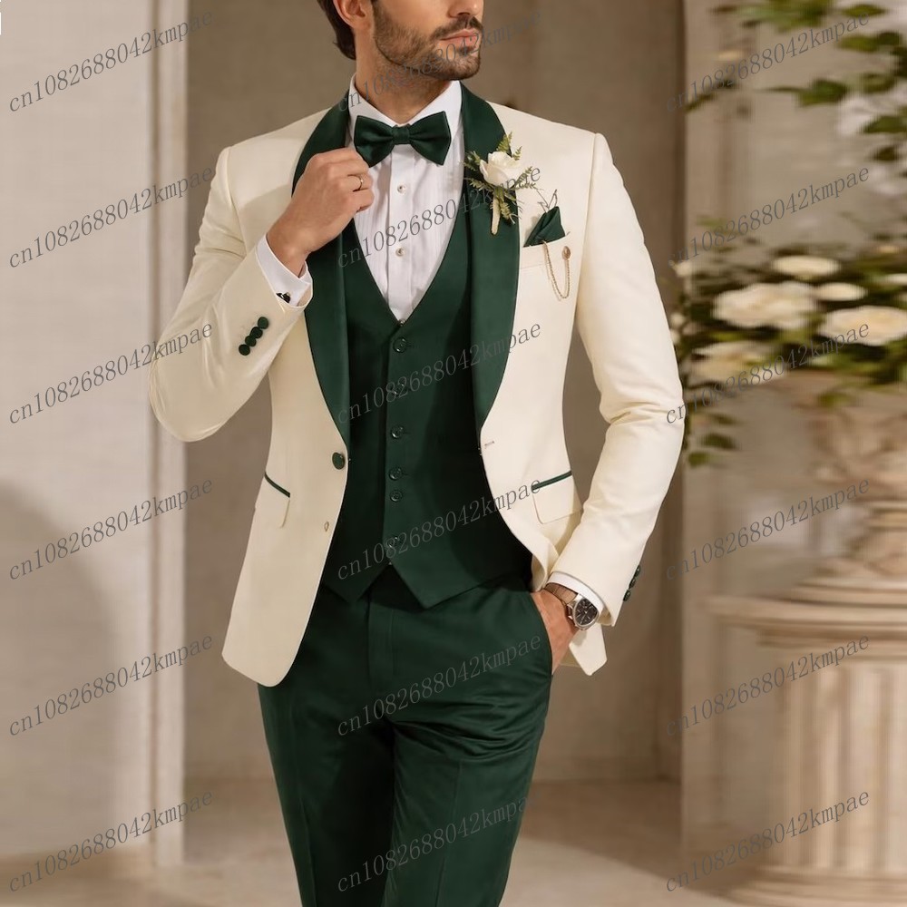 Men Formal Wear Wedding - New Ivory And Dark Green Formal