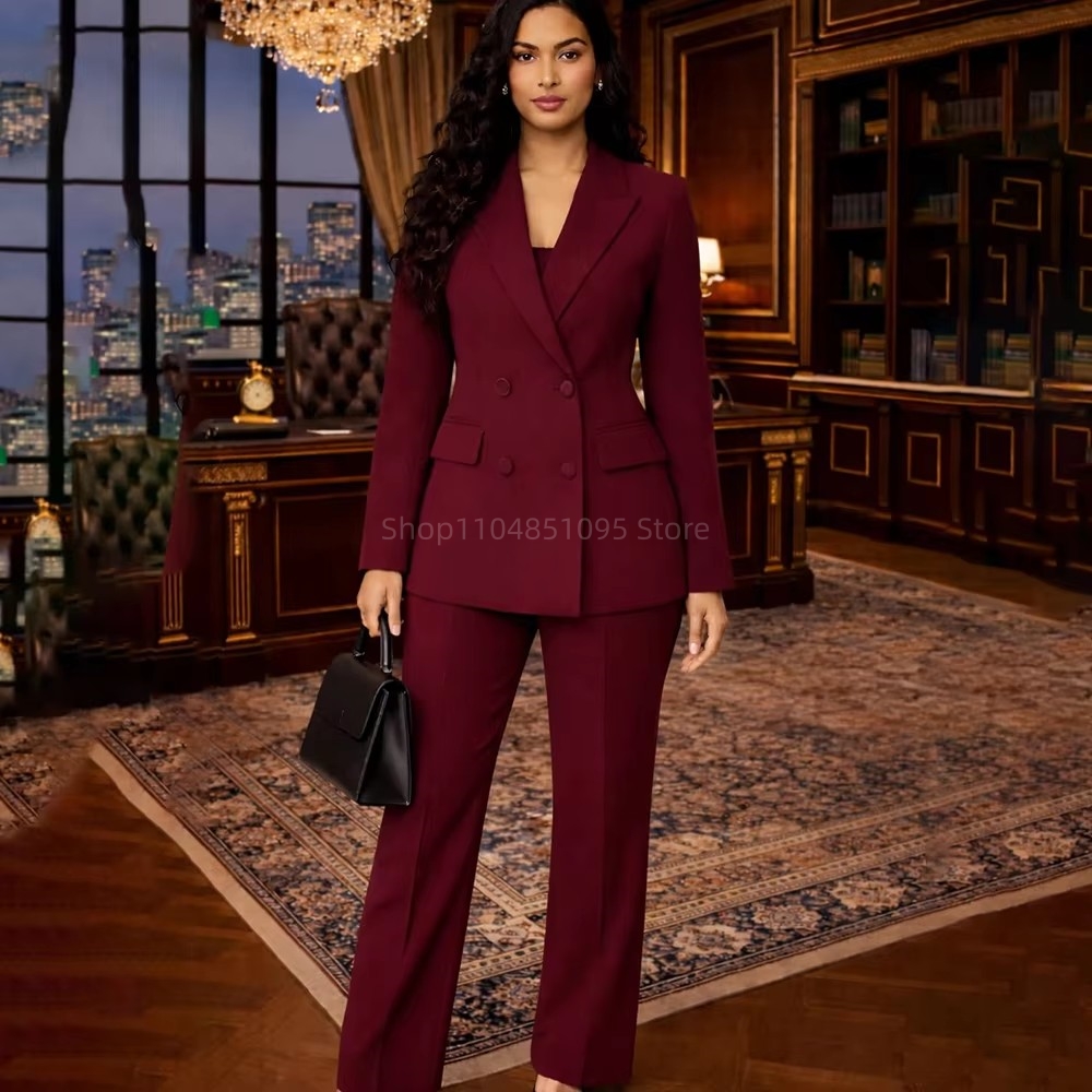 Wool Suit Jacket - Fashion Chic Burgundy Suits for Women