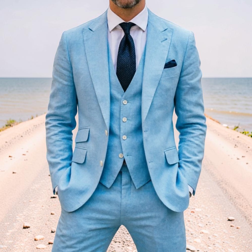Men Formal Wear For Summer - Sky Blue Linen Men Wedding Tuxedo